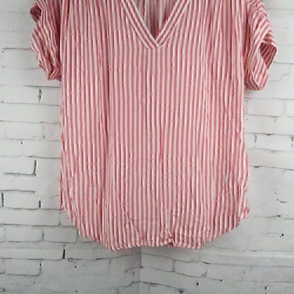 GAP ROSE PINK & WHITE STRIPE SHORT SLEEVE V NECK TOP SIZE SMALL - Picture 6 of 10